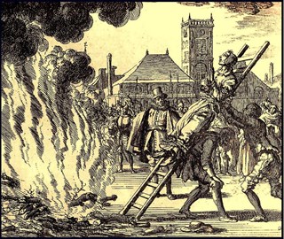 Heksverbranding. Deze vrouw werd door haar vreemde gedrag als heks op de brandstapel verbrand