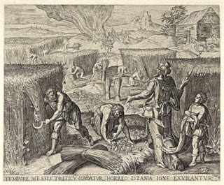 Oogsttijd, Naast de schuur een vuur waar onkruid word verbrand