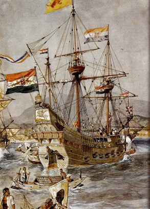 Het VOC schip Mauritius op de reede van Bantam,1598. J.H. Isings. Deel van schoolwandkaart.