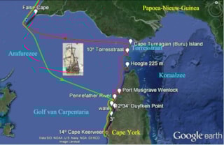 Het Duiyfken maakt een ontdekking van de Cape York, Autralie