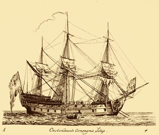Een V.O.C. schip van 1789 ligt aan de ankers. De dokter word aan boord gebracht voor controle. 