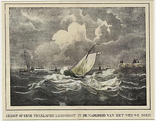 Bij ruig weer gaat de Texelse Loods een VOC schip naar binnen loodsen