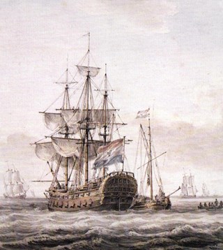 Een lichter naast het VOC schip om de last over te nemen