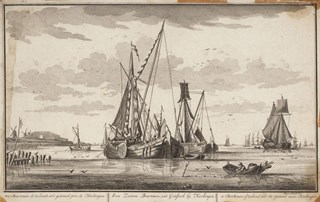 Windstil ligt een wijdschip of lichter voor anker. Petrus Schenk, Friesscheepvaartmuseum