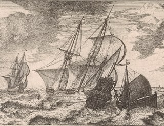 Een loodsman komt aan boord van een schip. Deel van tekening van Joost van Geel 1665. Rijksmuseum.