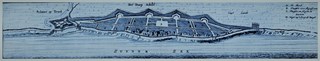 Het Schans op Texel.links het fort (16e eeuw) en rechts het Dorp Schilt (Oudeschild), Westfr.Museum