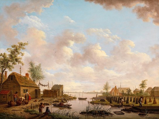 Landschap met vissers en turfstekende boeren in het laagveen, Hendrik Willem Schweickhardt, 1783.