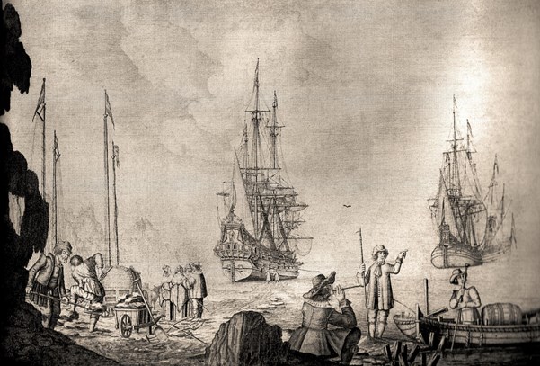 Steenzout laden bij Kaapverdische Eilanden. Grisaile van Experiens Sillemans (ca 1611-1653)