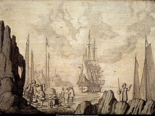 Het inladen van zout op een pinas bij de Kaapverdische eilanden.Schilder: Sillemans, Experiens, 1625