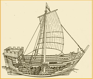 Tekening van het koggeschip. Het schip is gebouwd in overnaadse bouw.