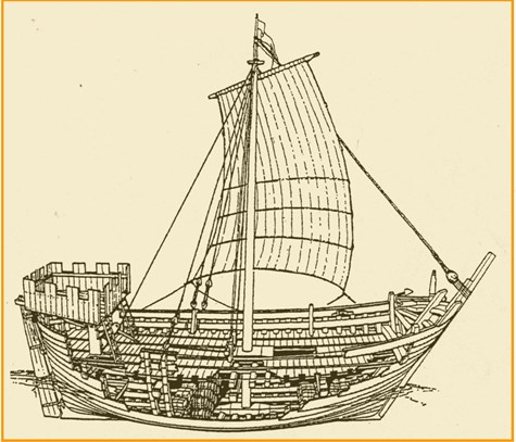 Tekening van het koggeschip. Het schip is gebouwd in overnaadse bouw.