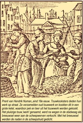 Touwkooksters koken oud touw op straat. Prent van Hendrik Numa, eind 18e eeuw.