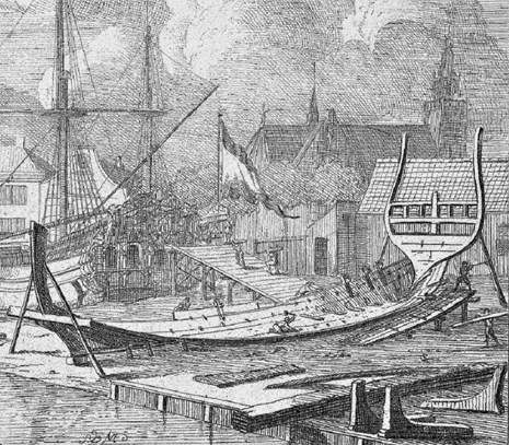 Op de tekening (Hoorn) wordt een schip  gebouwd in de ”Gladboordig op Holland”.Rijksmuseum.