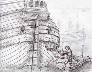 Repareren fluitschip met dubbel huid. Tek. H.Ketting sr. Particuliere collectie.