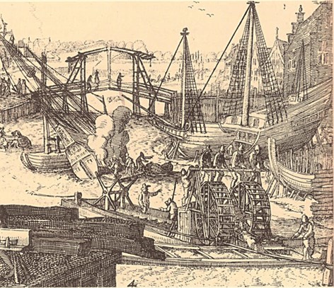 Rechtsachter de baggermolen is een schip doorgezaagd, het wordt een verlenger.