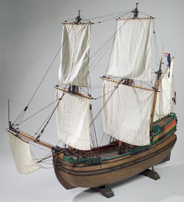 Scheepsmodel van een fluitschip schaal 1:20. Fries Scheepsvaartmuseum. Willem Vos.