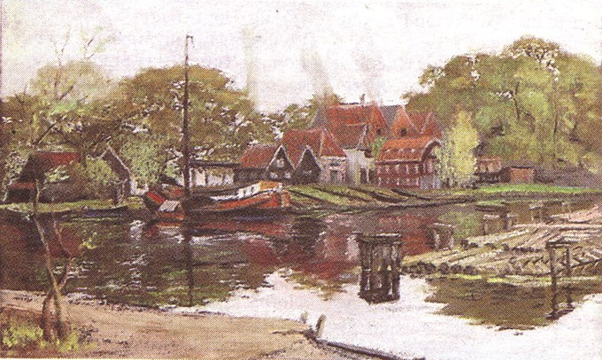 Karperkuil gezien vanaf de oostkant naar de scheepswerf van Kaat. Pastel van  Dirk Ooijevaar sr,