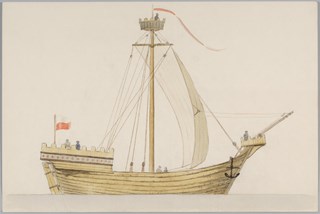 Een oorlogskogge.Koggeschip ca.1350, tek, Landström, Jörg, Musea,NL,Monumenden en Archeologie.