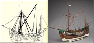 Twee smakken van 1459-1460, L.tek.in overnaadse bouw. R. model van een smak gladboordige bouw.