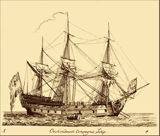 Oost-Indiëvaarder voor anker op de Koopmanrede van Texel. Tek. G.Groenewegen 1789.. 