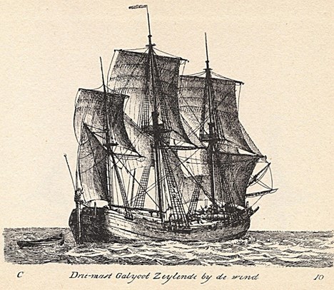 Driemast Galjoot Zeylende bij de wind.Uit de serie G.Groenewegen.