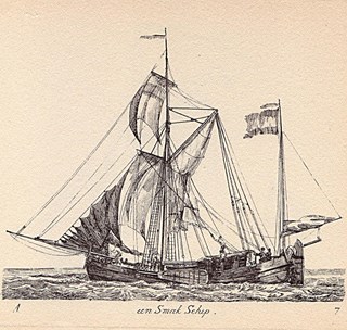 Smakschip met gaffelzeil en druil (achtermast), uit de serie G.Groenewegen 1789 