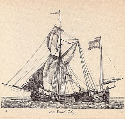 Smakschip met gaffelzeil en druil (achtermast), uit de serie G.Groenewegen 1789 
