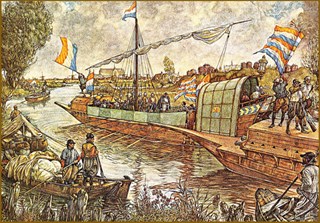 Geuzen uit Zeeland ontzetten Leiden op 3 oktober 1574.  Ising J.H. Historische schoolwandplaat