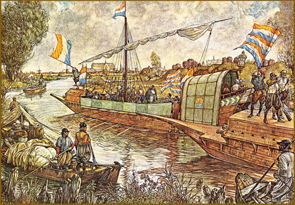 Geuzen uit Zeeland ontzetten Leiden op 3 oktober 1574.  Ising J.H. Historische schoolwandplaat