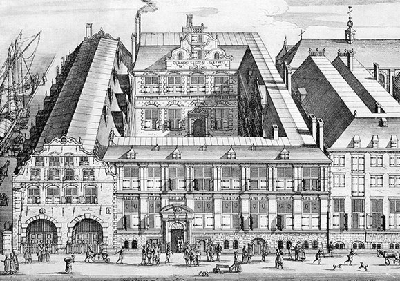 Gravure van het Oost Indisch Huis (17e eeuw). Het gebouw met de twee grote deuren is het Bushuis