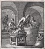 Mannen stoppen stukken vlees en zout in een vat, Jan Luyken, 1711.Rijksmuseum.