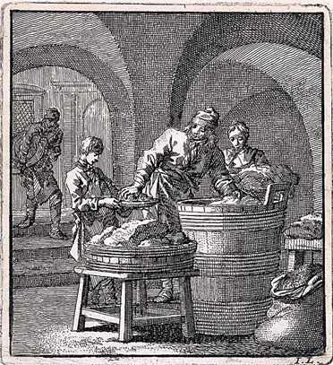 Mannen stoppen stukken vlees en zout in een vat, Jan Luyken, 1711.Rijksmuseum.