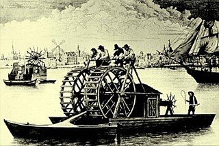 Een baggermolen door menskracht aangedreven. Prent DWW hist. Rijkswaterstaat.