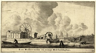 Moddermolen en modderschuiten, Reinier Nooms, 1652 - 1654. Rijksmuseum