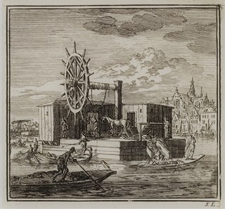 Baggermolen aan de rand van een stad, Jan Luyken, 1711. Rijksmuseum.