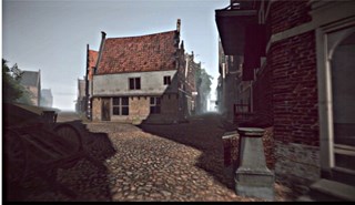 Virttuele omgeving in 1650 van de Roodesteen naar het West en het Proostensteeg
