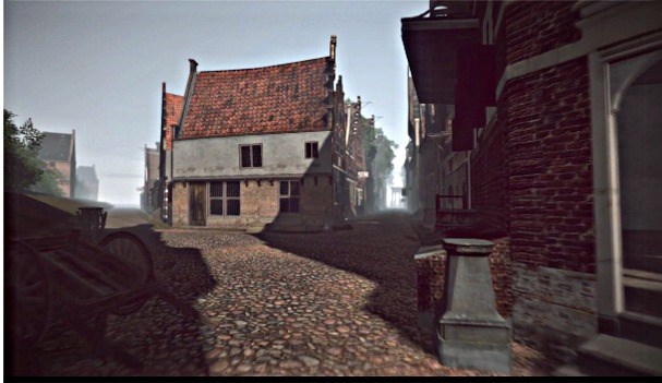 Virttuele omgeving in 1650 van de Roodesteen naar het West en het Proostensteeg