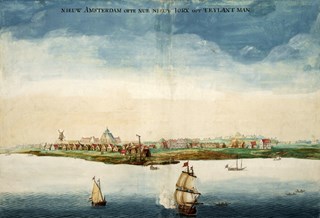 Gezicht op Nieuw Amsterdam (New York).Johannes Vingboon(1664). Geheugen v Nederland.