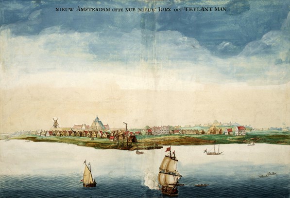 Gezicht op Nieuw Amsterdam (New York).Johannes Vingboon(1664). Geheugen v Nederland.