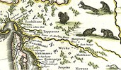 Nova Belgiea of Nieuw Nederland. Nrd is rechts. Detailkrt 1635 van Juan Blaeu (1596-1673) Amsterdam