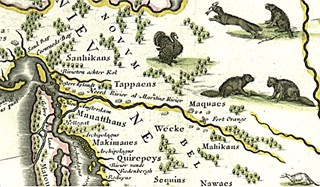 Nova Belgiea of Nieuw Nederland. Nrd is rechts. Detailkrt 1635 van Juan Blaeu (1596-1673) Amsterdam