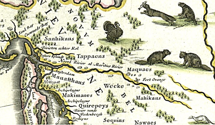 Nova Belgiea of Nieuw Nederland. Nrd is rechts. Detailkrt 1635 van Juan Blaeu (1596-1673) Amsterdam