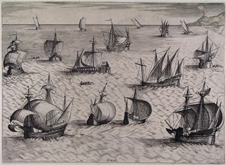 Schepen op zee ca. 1540. Prent van Hieronymus Cock. Rijksmuseum.