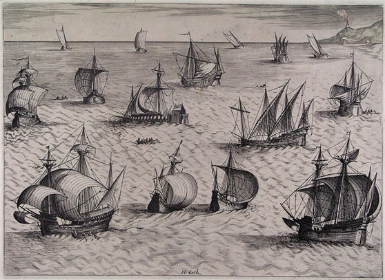 Schepen op zee ca. 1540. Prent van Hieronymus Cock. Rijksmuseum.