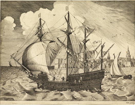 Viermaster karveel verlaat de haven, Frans Huys, 1561 - 1565. Rijksmuseum
