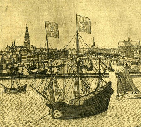 Het galjoen ligt aan het anker, Amsterdam. Een dl. van Pieter Bast, ca.1599. Rijkmuseum.