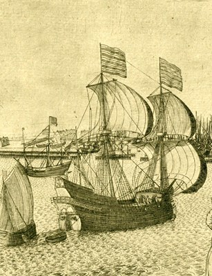 Het spiegelschip zeilt het  IJ in. Een dl. van Pieter Bast, ca. 1599. Rijksmuseum.