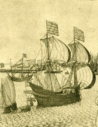 Het spiegelschip zeilt het  IJ in. Een dl. van Pieter Bast, ca. 1599. Rijksmuseum.