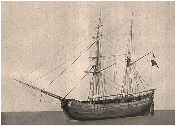 Kofschip Zwaan met schoenerbrikstuig. 1857. Modelmaker F. Damman. NHSM, Amsterdam,1943.