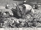 Oorlogschip met zeemonsters rondom een schip, Adriaen Collaert, ca.1594-1598. Rijksmuseum.